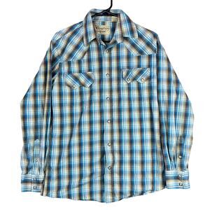 Cowboy Legend Mens Shirt Tan Brown Blue Plaid Pearl Snap Long Sleeve Medium